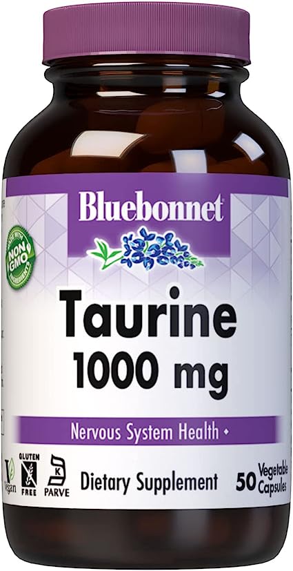 Bluebonnet Nutrition Taurine 1000mg, Free-Form Amino Acid, for Nervous System Health, Soy-Free, Gluten-Free, Non-GMO, Kosher Certified, Vegan, White, 50 Vegetable Capsules, 50 Servings
