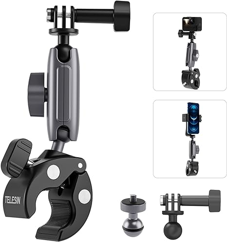 Camera Bike Mount Motorcycle Handlebar Clamp Holder for GoPro Insta360 Accessories, TELESIN 360° Rotating Bicycle Cycling Attachment Accessory for Go Pro Max Hero 12 11 10 9 8 7 Insta 360 DJI Action