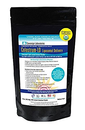 Colostrum-LD Organic Vanilla Flavored Powder 16 oz with Proprietary Liposomal Delivery (LD) Technology for up to 15x Better Bioavailability than Regular Bovine Colostrum by Sovereign Laboratories