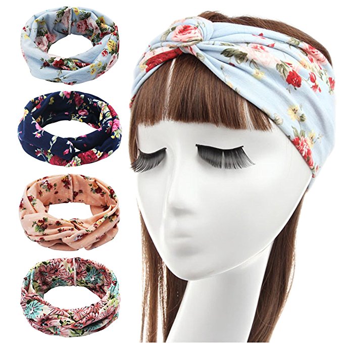 Hippih 4 Pack Women Elastic Turban Head Wrap Floal Style Twisted Knotted Hair Band