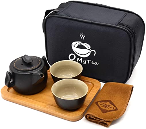 OMyTea 100% Handmade Chinese/Japanese Vintage Kungfu Gongfu Tea Set - Porcelain Teapot & Teacups & Bamboo Tea Tray & Tea Mat with a Portable Travel Bag (Zen)