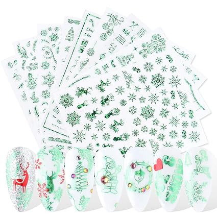 Christmas 3D Nail Art Stickers Laser Xmas Nail Decals Snowflake Elk Leaf Snowman Santa Tree Candy Winter Slider Self Adhesive Nail Stickers New Year Charms Nail Supplies DIY Decorations 9 Sheets Green