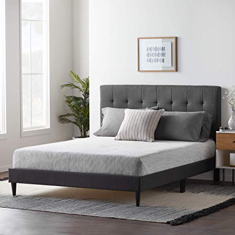 LUCID Upholstered Bed with Square Tufted Headboard -Linen Inspired Fabric –Sturdy Wood Build –No Box Spring Required Platform, Twin, Charcoal