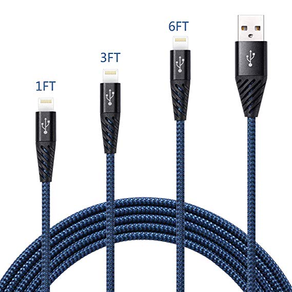 High Speed Cell Phone Charger Cable Nylon Braided 3 Pack 1FT 3FT 6FT USB Fast Charging Cord Compatible with iPhone Xs XS MAX XR 8 Plus 8 7 Plus 7 6 Plus 6s Plus 6s 6 5s 5 5c Bynccea Dark Blue