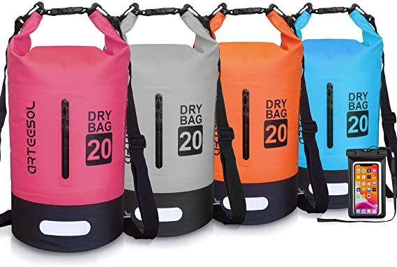 arteesol Dry Bag, 5L 10L 20L 30L Waterproof Dry Bag/Sack Waterproof Bag with Waterproof Phone Case Long Adjustable Strap for Kayaking Boat Tour Canoe, Fishing, Rafting, Swimming, Snowboarding