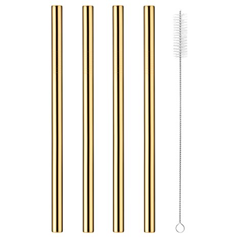 JOYECO 4 Pcs Stainless Steel Boba Straws, FDA Approved Big Straws Smoothies Reusable, Wide Straw 9.5" x 0.5" for Bubble Tea, Juice, Thick Milkshakes, Gold