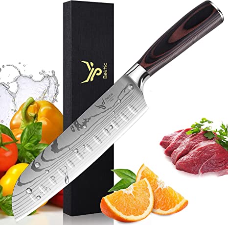 Bekhic Santoku Knife- SKnife Pro Kitchen Knife 7 Inch Kitchen Knife Asian Knife Japanese Chef Knife made of German High Carbon Stainless Steel ，Ergonomic Handle, Ultra Sharp