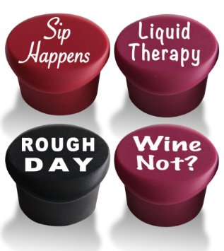 4 Wine Stoppers - Best Wine Gifts Accessories to Label Your Personalized Wine Bottles and Racks Seal Your Favorite Wine with Reusable Silicone Bottle Cap Art