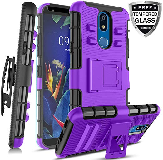 CaseTank for LG K40 Case, LG k12 Plus Case/LG X4(2019)/LG LMX420/LG Xpression Plus 2 Case W [Tempered Glass Screen Protector] Built-in Kickstand Swivel Holster Belt Clip Case, PC-Purple