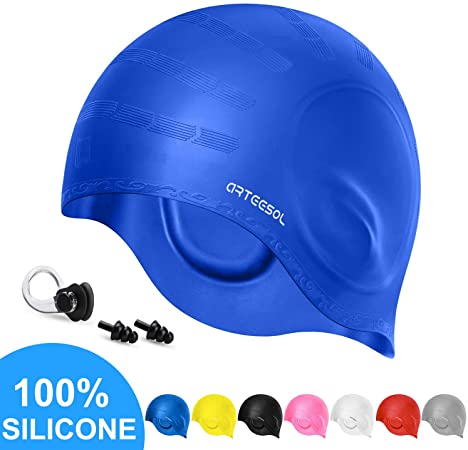 Swim Cap Arteesol Silicone Swimming Caps Waterproof Swimming Hats Bathing Cap with Ear Pockets Ear Plugs and Nose Clip Great Elasticity Keep Hair Dry for Adult Women Men