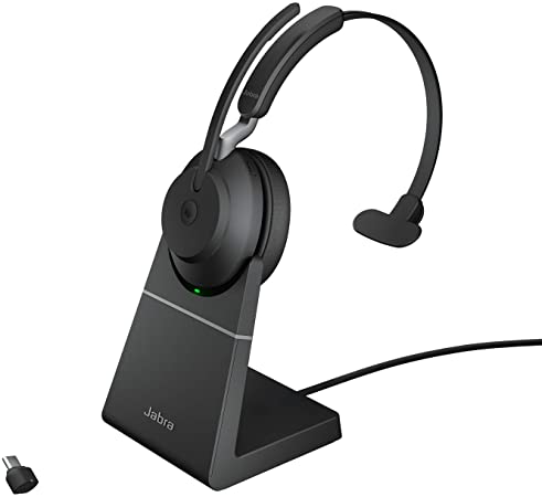 Jabra Evolve2 65 Wireless Headset with Charging Stand – Noise Cancelling Microsoft Teams Certified Mono Headphones with Long-Lasting Battery – USB-C Bluetooth Adapter – Black