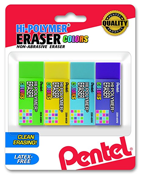 Pentel Hi-Polymer Block Eraser Small, Assorted Colors, Pack of 4 (ZEH05CRBP4M)