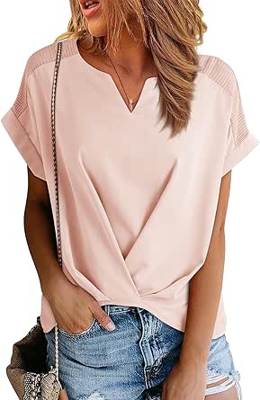 Dokotoo Womens Tops Twist Knot Summer Blouses for Women Business Casual Henley V-Neck Hollow Out Patchwork