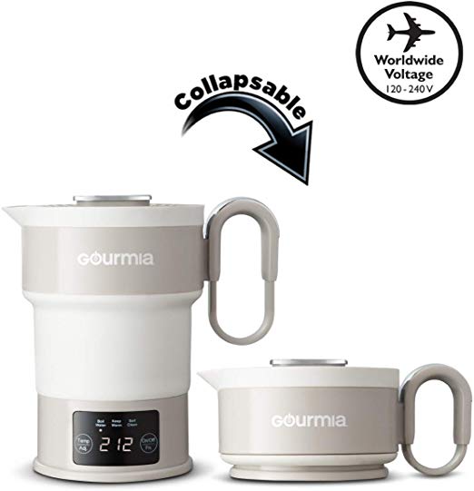 Gourmia GDK368 Digital Electric Collapsible Travel Kettle - Foldable & Portable - Dual Voltage - 3 Function- Boils, Keeps Warm & Self Cleans - Fast Boil - Water Heater For Coffee, Tea & More - Food Grade Silicone - Boil Dry Protection - 20 oz capacity (Grey)