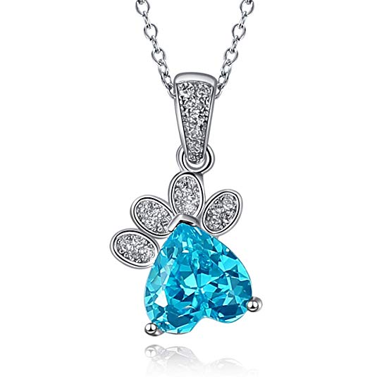 Caperci Sterling Silver Dog Paw Heart Blue Topaz Pendant Necklace - Valentines Day Jewelry Gift for Daughter/Wife/Mom