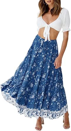 MEROKEETY Women's Boho Floral Print Elastic High Waist Pleated A Line Maxi Skirt