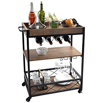 NSdirect Kitchen Bar Cart,Industrial Kitchen Bar&Serving Cart Rolling Utility Storage Cart with 3-Tier Shelves,Metal Wine Rack Storage and Glass Bottle Holder,Removable Wood Top Box Container,Brown