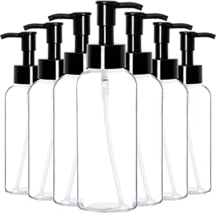 Youngever 7 Pack Plastic Pump Bottles 4 Ounce, Refillable Plastic Pump Bottles with Black Pump, Clear Empty Plastic Mini Travel Bottles