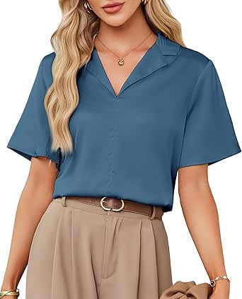 GRACE KARIN Women's Satin Silk Shirts Short Sleeve Casual Work Blouse Lapel V Neck Pullover Tops