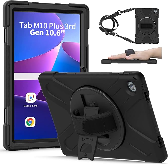 Gerutek Shockproof Case for Lenovo Tab M10 Plus 3rd Gen 10.6" 2022 (TB-125FU/TB-128FU/TB-128XU), Lenovo Tab M10 Plus 3rd Generation Heavy Duty Rugged Case with 360 Stand,Hand/Shoulder Strap,Black