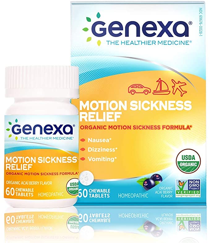 Genexa Motion Sickness Relief - 60 Chewable Tablets | Certified Organic & Non-GMO, Physician Formulated, Homeopathic | Motion Sickness Medicine