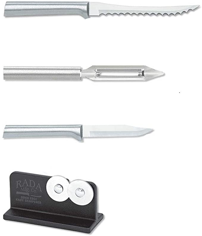 Rada Cutlery Top Seller’s Kit Knives – Includes Paring, Tomato Slicer, Vegetable Peeler with Brushed Aluminum Handles Plus Quick Edge Knife Sharpener