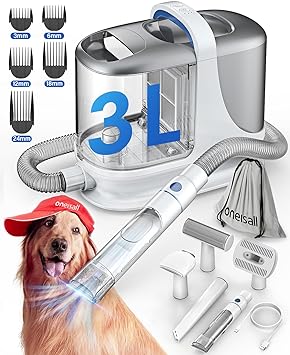 oneisall Dog Grooming Vacuum/13Kpa Low Noise Pet Grooming Vacuum /3L Large Dust Bin Dog Vacuum for Shedding Grooming/Dog Grooming Kit Including 6 Tools for Dhedding Thick Coats and Home Cleanning (Gray)