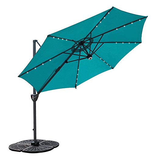 COBANA 10’ Offset Patio Umbrella with Solar Powered 32LED and Blue-Tooth Speaker and 360 Degree Rotation Pole, Blue