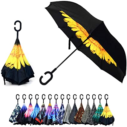 Yellow Flower Double Layer Inverted Umbrellas - C Shaped Handle Reverse Folding Windproof Umbrella for Men and Women