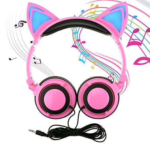 Buluri Kids Headphone Over Ear, Cat Ear Headphone Foldable Wired Earphone with LED light Flashing Glowing for Children Adults, 3.5 Jack for PC, Tablets, iPhone, Android Smart Phone