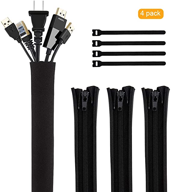 CableCreation Cable Management Sleeve, 19-20 Inch Cord Management Sleeves with Zipper and Bundling Ties for TV/Computer/Home Entertainment Cable Wrap Cover Organizer,4 Pack, Black
