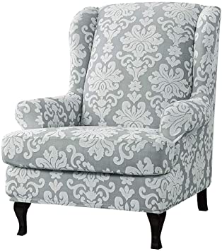 WAQIA Stretch Wingback Chair Slipcovers 2 Piece Wing Back Armchair Covers Slip Resistant Stylish Jacquard Spandex Polyester Fabric Sofa Covers for Furniture Protector in Living Room (Light Gray)