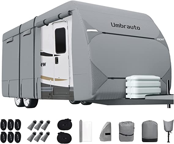 RV Cover Umbrauto 2022 Upgraded 7 Layers Top Camper Cover Windproof Travel Trailer Cover for 30' to 33' RV, Toy Hauler Cover with Tongue Jack Cover, Extra Windproof Ropes, Gutter Covers