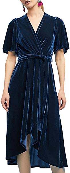 R.Vivimos Womens Velvet Pleated Wrap Tie Waist Elegant Flowy Party Plus Size Midi Dresses