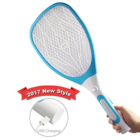 Bug Zapper Racket,ATIVI USB Rechargerable Safe Powerful Electric Bug Zapper Fly Swatter Zap Mosquito Zapper with Li-ion Battery LED Nightlight for Indoor and Outdoor Pest Control Killer,Blue