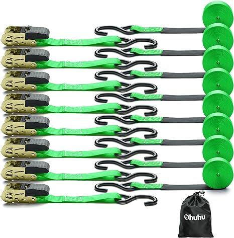 Ratchet Tie Down Strap 8-Pack 15 Ft - 500 lbs Load Cap with 1500 lbs Breaking Limit, Ohuhu Ratchet Tie Downs Logistic Cargo Straps for Moving Appliances, Motorcycle, Green