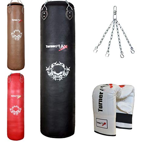 TurnerMAX Genuine Cowhide Leather Boxing Punch Bags Heavy FILLED with Free Chain and Bag Gloves Kickboxing punching bag