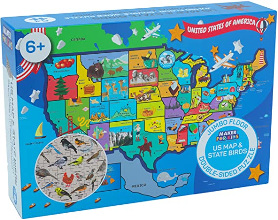USA Map Jumbo Floor Puzzle and 50 State Birds, 64 Pieces, 35”x23”, Kids Age 5 , Learn All 50 States by Name, Capital Along with Their Birds, Double-Sided Geography Puzzle