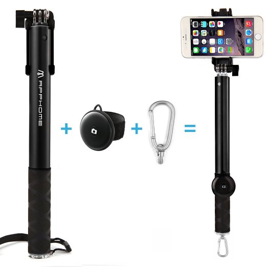 Selfie Stick APPHOME 10-45 Battery Free Aluminum Self-Portrait Foldable and Extendable Monopod built-in Bluetooth Remote for Gopro iphone Samsung Digital Camera and More - Black