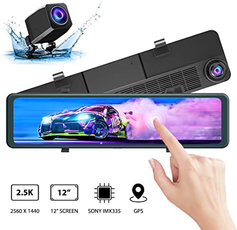 AKASO 2.5K Mirror Dash Cam 12" Touch Screen Front and Rear Dual Dash Camera for Cars Enhanced Night Vision Backup Camera with Sony Starvis Sensor GPS G-Sensor Parking Assistance(DL12)