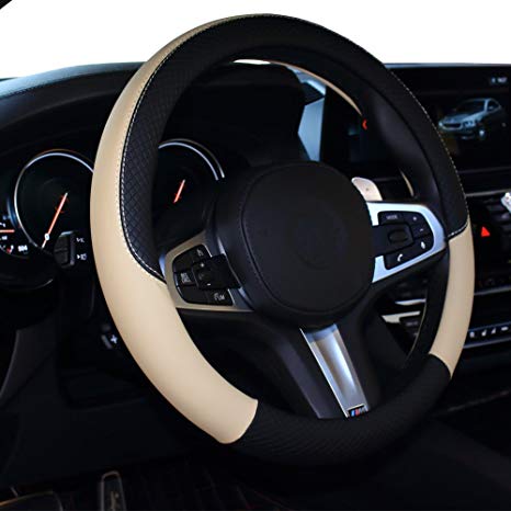SHIAWASENA Car Steering Wheel Cover, Genuine Leather, Universal 15 Inch Fit, Anti-Slip & Odor-Free (Black&Beige)