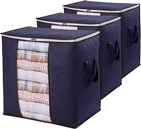 Lifewit Storage Bag Large Capacity Reinforced Handle Upgrade Fabric for Clothes, Comforters, Blankets, Bedding, Breathable Foldable Closet Organizer, 3 Pack, 90L, Dark Blue