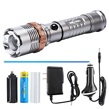 Tactical T6 Flashlight Rechargeable LED Torch With AC Car Charger 18650 Battery (Silver)
