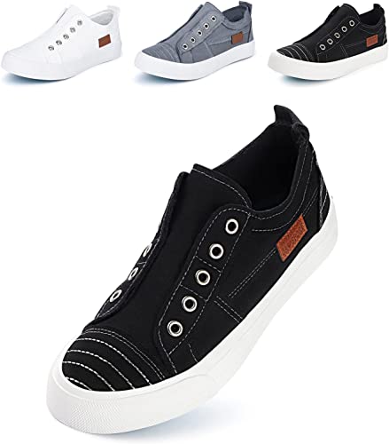 JENN ARDOR Women's Stylish Slip On Sneakers No Laces Elastic Low Top Canvas Sneakers Trendy Flats Comfortable Casual Walking Shoes