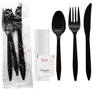 Party Essentials Individually Wrapped Plastic Cutlery Packets/Silverware Kits, Black Fork/Spoon/Knife/Napkin/Salt/Pepper, 50 Sets