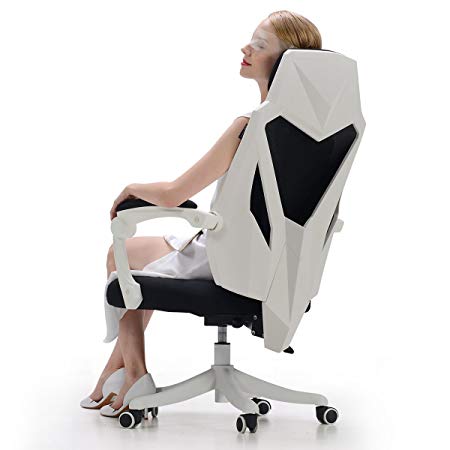 Hbada Gaming Office Desk Chair | Ergonomic High-back Swivel Task Racing Chair with Lumbar Support | Height Adjustable Seat | Breathable Mesh Back | Soft Memory Foam Cushion, White