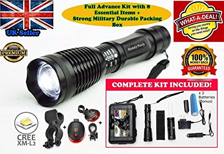 SeddyTech tactical flashlight Kit.Super Bright Waterproof LED torch light with 2000 Lumens,Zoom Function,5 Light Modes-Includes a Battery,Charger,Car charger,Holster,Cycle Mount & Taillight with Mount.Best for Bike Lights,Camping,Emergency,Patrolling & More
