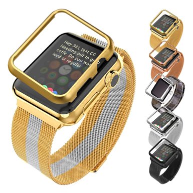 Apple Watch Band with Protective Case(42MM), Bandmax 18K Gold Plated Apple Watch Accessories Stainless Steel Milanese Loop with Magnet Lock