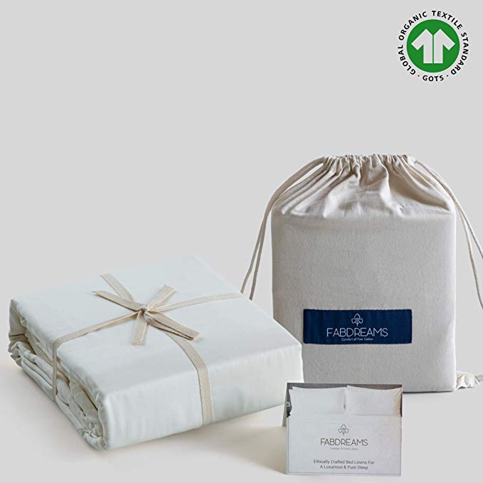 100% Organic Cotton Queen Ivory Sheet Set- Percale Weave- 4 Piece- 300 Thread Count- GOTS Certified- Breathable Crisp Cool- Luxury Finish- Fits Upto 19" Deep Mattress Pockets- Environment Friendly