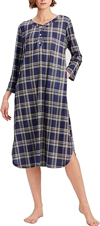 Ekouaer Womens Long Nightgowns Plaid Sleepwear Soft Loose Nightshirt 3/4 Sleeve Plus Size Housecoat with Button & Pockets